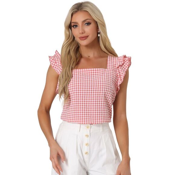 Summer Gingham Tops Square Neck Ruffle Cap Sleeve Blouses Pink - Picture 1 of 6